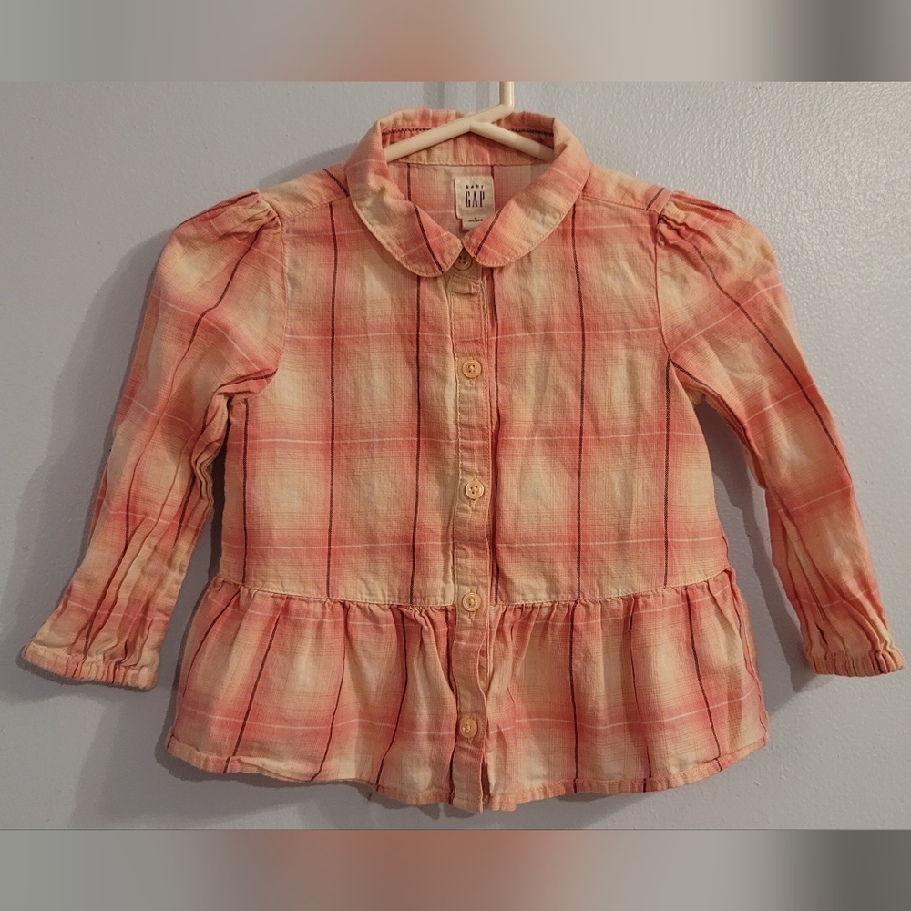 Baby Gap pink white plaid full button down shirt elastic sleeves 3yr collared